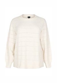 Cremfarbener Strickpullover mit rundem Halsausschnitt, langen Ärmeln und einem strukturierten Muster aus horizontalen Löchern.