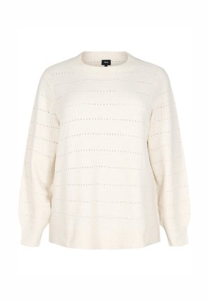 Cream-colored knit sweater featuring a round neckline, long sleeves, and a textured pattern of horizontal holes throughout.
