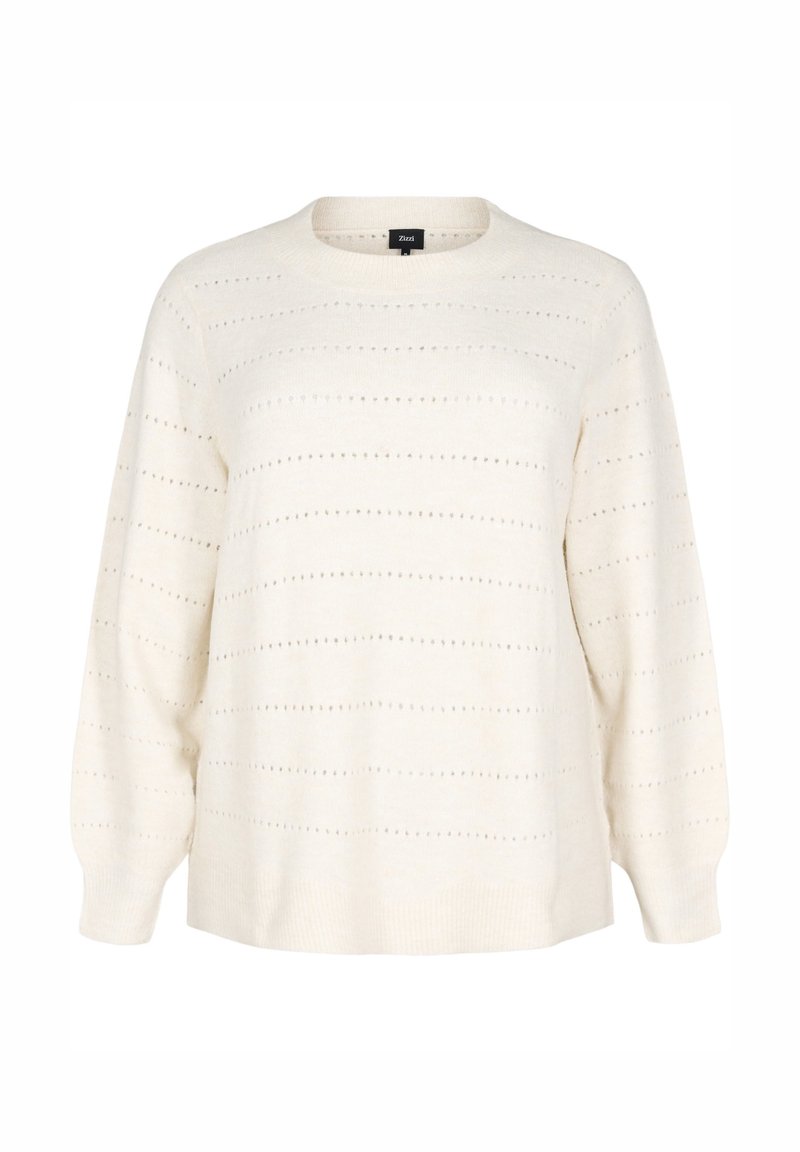 Cremfarbener Strickpullover mit rundem Halsausschnitt, langen Ärmeln und einem strukturierten Muster aus horizontalen Löchern.