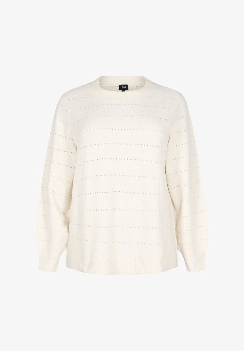 Krēmkrāsas adīts džemperis ar apaļu kakla izgriezumu, garām piedurknēm un izteiktu horizontālu caurumu rakstu.