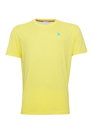 Yellow cotton T-shirt with a crew neck, short sleeves, and an embroidered blue logo on the left chest. Simple design, soft texture.