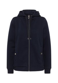 Sweat à capuche zippé bleu marine en tissu doux, avec une capuche à cordon, deux poches avant et des bords côtes aux poignets et à l'ourlet.