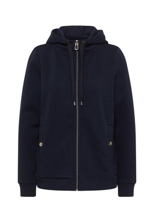 Navy zip-up hoodie made of soft fabric, featuring a drawstring hood, two front pockets, and ribbed cuffs and hem.
