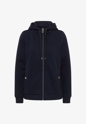 Marinblå zip-up hoodie i mjukt tyg, med en dragsko i huvan, två framfickor och ribbad muddar och fåll.