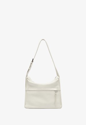 Weiße Leder-Schultertasche mit geschwungenem Design, ausgestattet mit einem Reißverschluss oben und einer Reißverschlusstasche auf der Vorderseite. Verstellbarer Trageriemen enthalten.