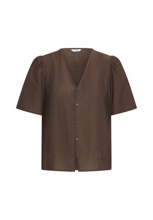 Barna, rövid ujjú blúz V-nyakkivágással, öt gombbal az elején, kitüremkedő vállakkal és finom, függőleges csipkerészlettel.