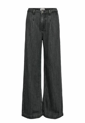 Široke črne denim hlače z visokim pasom, z gumbom za zapiranje, zanke za pas in preprosto, neopazno zasnovo.