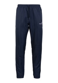 Marineblauwe trainingsbroek van lichtgewicht stof, met een elastische tailleband, trekkoord en elastische manchetten. Bevat logodetails.