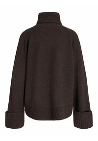 Maglione oversize marrone scuro con colletto alto, polsini a coste e motivo a maglia testurizzato. Presenta spalle scese e silhouette rilassata.