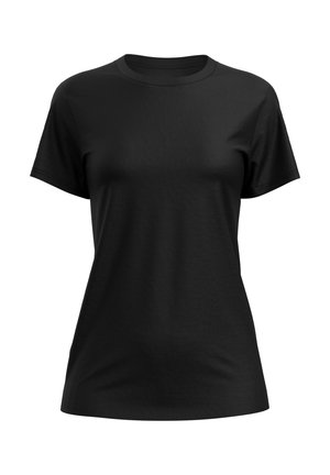 Black short-sleeve t-shirt made of smooth fabric. Features a round neckline and a relaxed fit without patterns or embellishments.