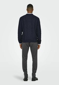 Marineblauwe cable-knit trui met hoge kraag en geribbelde manchetten, gedragen over grijze slim-fit broeken en zwarte schoenen, gezien vanaf de achterkant.