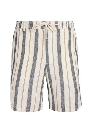 Short beige avec des rayures verticales noires, blanches et beige, doté d'une taille élastique et d'un cordon beige à l'avant.