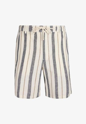 Short beige avec des rayures verticales noires, blanches et beige, doté d'une taille élastique et d'un cordon beige à l'avant.