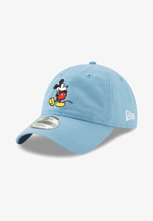 Light blue cotton cap with curved brim, featuring an embroidered Mickey Mouse design on the front and an adjustable strap at the back.