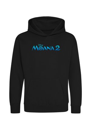 Sort hættetrøje med frontlomme og blå "Disney Moana 2" tekst centreret på brystet.