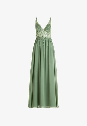 Langes grünes Kleid mit tiefem Ausschnitt. Oberteil mit Perlenverzierungen, fließender Chiffonrock und dünnen Trägern.