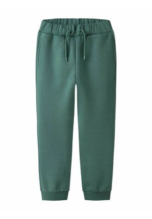 Pantalons de survêtement verts avec une taille élastique, cordon de serrage, poches latérales et poignets ajustés. Fabriqués en tissu doux et texturé.