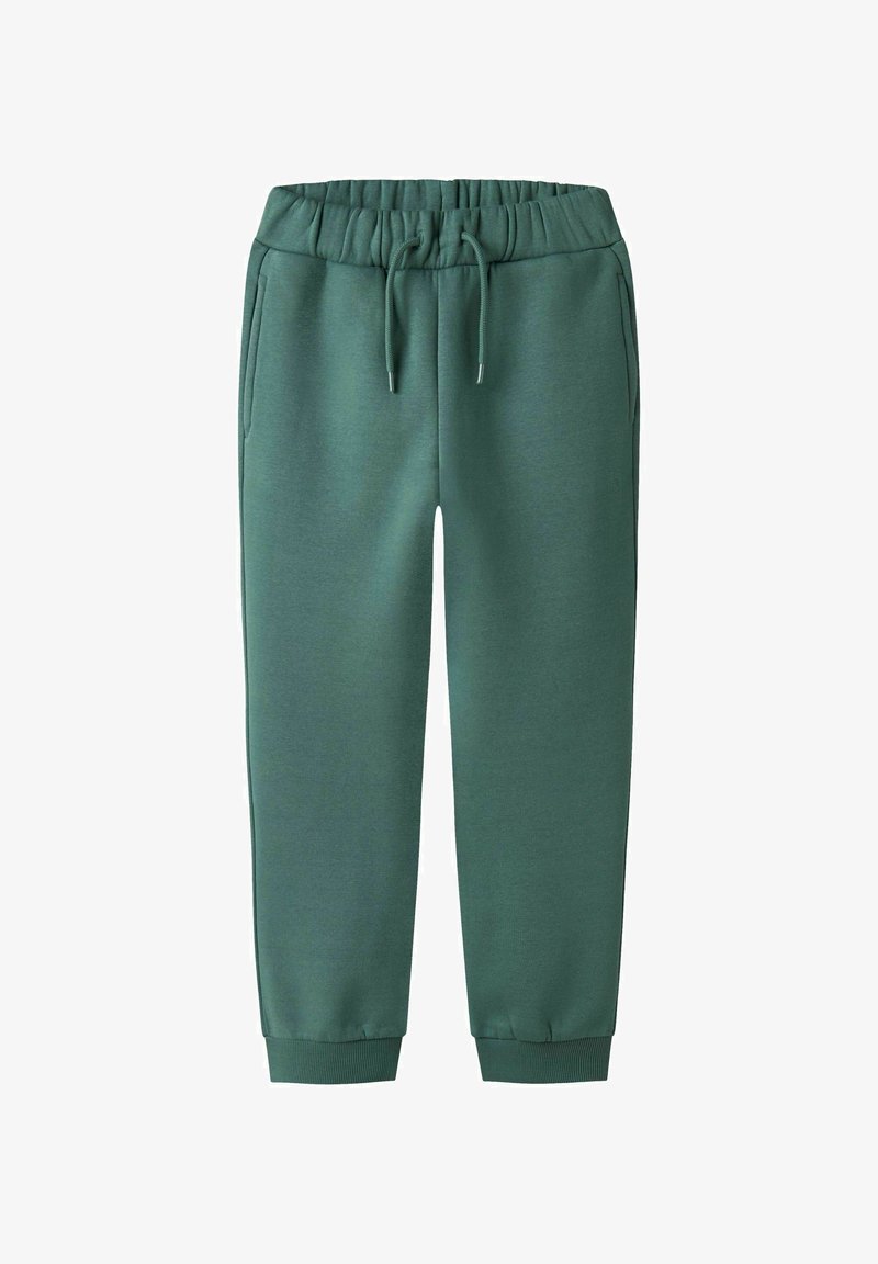 Grüne Sweatpants mit elastischem Taillenbund, Kordelzug, Seitentaschen und engen Bündchen. Hergestellt aus einem weichen, strukturierten Stoff.