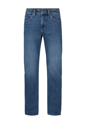 Blaue Straight-Leg-Denim-Jeans mit Vordertaschen, Gürtelschlaufen und Knopfverschluss, auf weißem Hintergrund dargestellt.