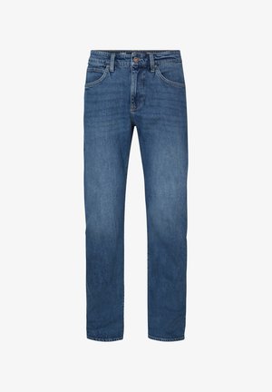 Blaue Straight-Leg-Denim-Jeans mit Vordertaschen, Gürtelschlaufen und Knopfverschluss, auf weißem Hintergrund dargestellt.