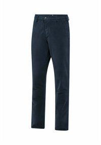 Donker marineblauwe corduroybroek met een slim fit, voorzien van een sluiting met een knoop aan de voorkant, riemlussen en zijzakken. Glad oppervlak en strakke lijnen.