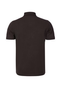 Dunkelbraunes Polohemd mit kurzen Ärmeln und Kragen. Hergestellt aus glattem, leichtem Stoff, mit schlichter, einfarbiger Gestaltung.