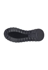 Suola di scarpa in gomma nera con una superficie testurizzata, dotata di scanalature ampie e profonde per la trazione e una sezione del tallone arrotondata.