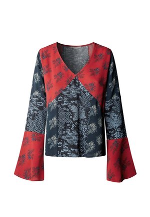 Blusa a maniche lunghe con scollo a V profondo, pannelli rossi e neri e motivi floreali, con ampi polsini svasati.