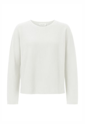 Pull blanc à manches longues en tissu tricoté doux. Présente un col rond, une coupe décontractée et des finitions côtelées aux poignets et à l'ourlet.