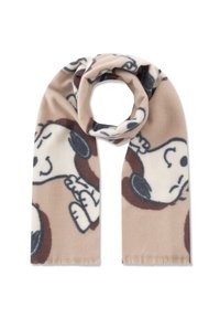 Fleece-Schal mit beigem Hintergrund und Mustern von Cartoondogs in Schwarz und Braun. Weiche Textur mit fransigen Kanten.