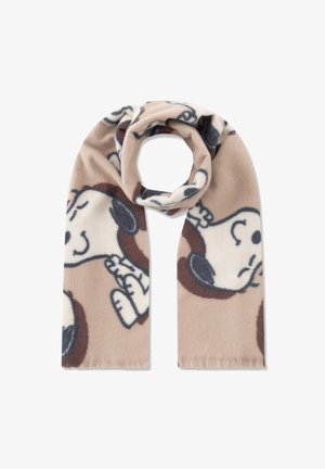 Fleece scarf featuring a beige background with cartoon dog patterns in black and brown. Soft texture with fringed edges.