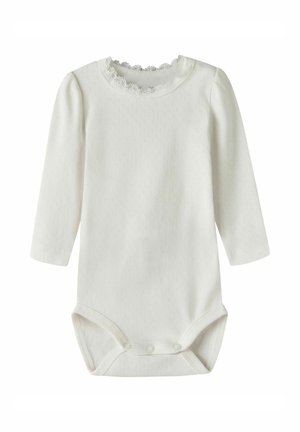 White long-sleeve baby bodysuit with lace trim around the neckline and snap buttons at the crotch for easy diaper changes.