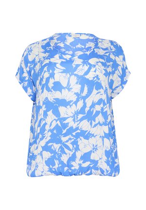 Blusa floral azul con patrones de flores blancas, mangas cortas, escote redondo y corte holgado. Fabricada con tela ligera y texturizada.