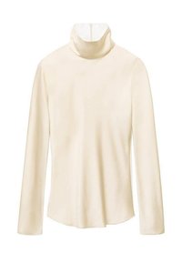 Kremasta turtleneck majica z dolgimi rokavi, gladka tekstura, oprijet kroj in zadrga na hrbtu. Idealna za plastenje ali nošenje samostojno.