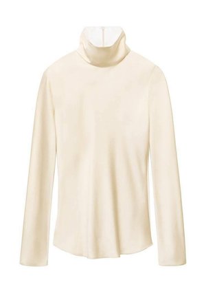 Pull à col roulé en crème avec des manches longues, texture lisse, design ajusté et fermeture éclair au dos. Idéal pour le superposition ou à porter seul.