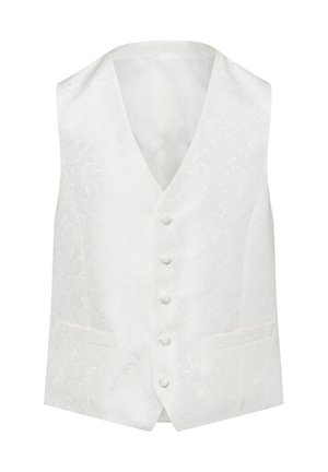 White vest featuring an ornate pattern, V-neck design, six buttons down the front, and two side pockets. Smooth, textured fabric.