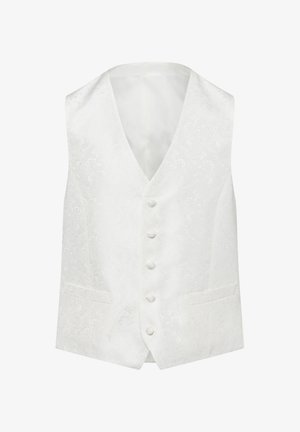 White vest featuring an ornate pattern, V-neck design, six buttons down the front, and two side pockets. Smooth, textured fabric.