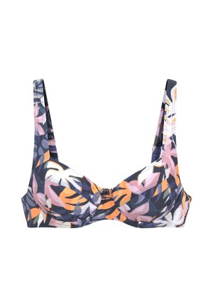 Floral patterned bra with underwire and adjustable straps in shades of navy, pink, orange, white, and purple on a white background.