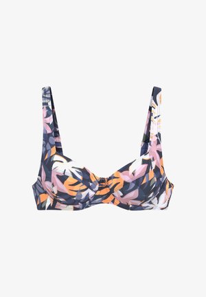 Floral gemusterter Büstenhalter mit Bügel und verstellbaren Trägern in den Farbtönen Marineblau, Pink, Orange, Weiß und Lila auf weißem Hintergrund.