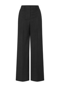 Black wide-leg trousers with a textured fabric, featuring a high waist, structured pleats, and a sleek, elongated silhouette.