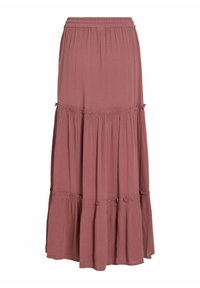 Mauve lagdelt maxinederdel med elastik i taljen, tekstureret stof og subtile flæsedetaljer langs syningerne.