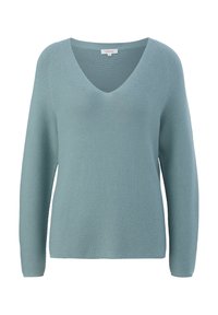 Suéter de punto azul claro con escote en V, mangas largas y un corte relajado. Textura suave con bordes acanalados y sin patrones visibles.