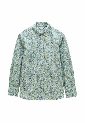 Long-sleeve button-up shirt with green and blue floral pattern on a white background, featuring a classic collar.