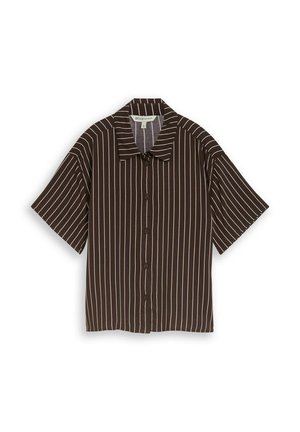 Chemise marron à manches courtes avec rayures verticales blanches, boutonnée devant et col classique, taille small.