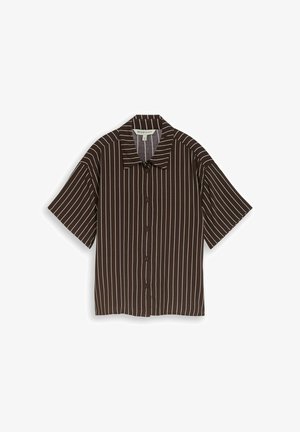 Chemise marron à manches courtes avec rayures verticales blanches, boutonnée devant et col classique, taille small.