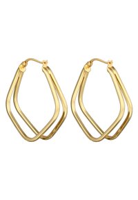 Goldene Metallohrringe in Form von einzigartigen doppellagigen Diamanten mit polierter Oberfläche und sicherem Klappverschluss.