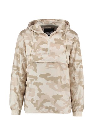 Beżowa bluza moro z półzamkiem z przodu, kapturem i elastycznymi mankietami. Lekka, gładka w dotyku, z przednią kieszenią.