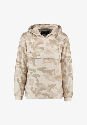 Beżowa bluza moro z półzamkiem z przodu, kapturem i elastycznymi mankietami. Lekka, gładka w dotyku, z przednią kieszenią.