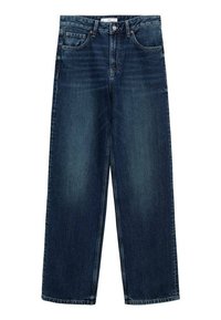 Jeans de mezclilla de color azul oscuro, de pierna ancha y cintura alta, con un diseño clásico de cinco bolsillos y cierre de botón metálico. Textura suave con ligero desvanecimiento.