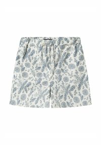 Shorts à motifs floraux en crème clair avec des motifs botaniques bleus, dotés d'une taille élastique et d'un tissu léger.